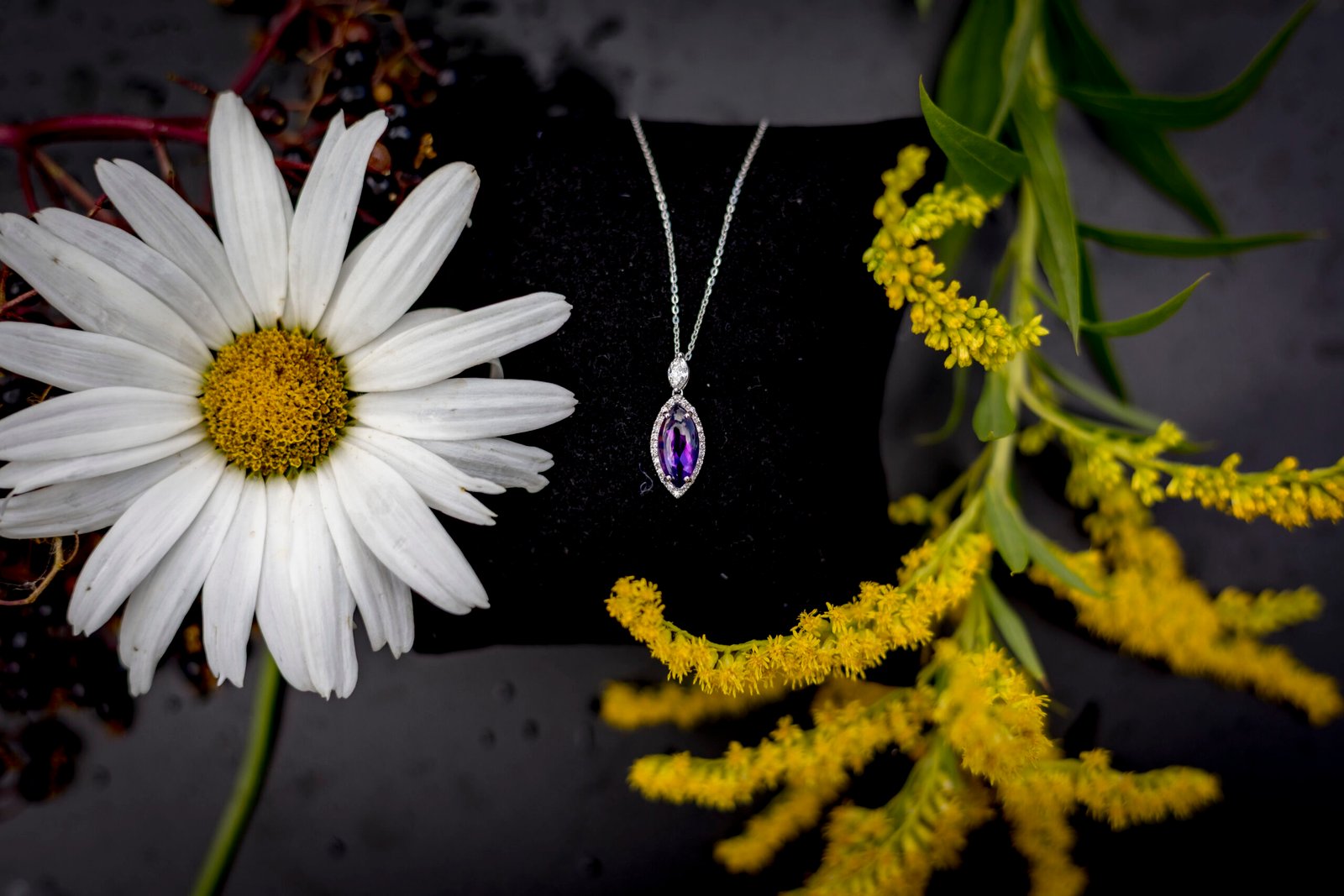 18ct White Gold Amethyst Marquise Halo Pendant (with chain)