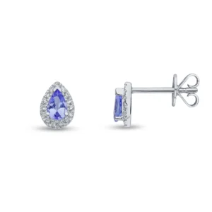 18CT White Gold Pear Shaped Tanzanite & Round Diamond Claw Set Cluster Stud Earrings (5x3mm)