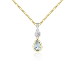 18CT Yellow & White Gold Pear Shaped Aquamarine & Round Diamond Two-Stone Pendant (6x4mm)