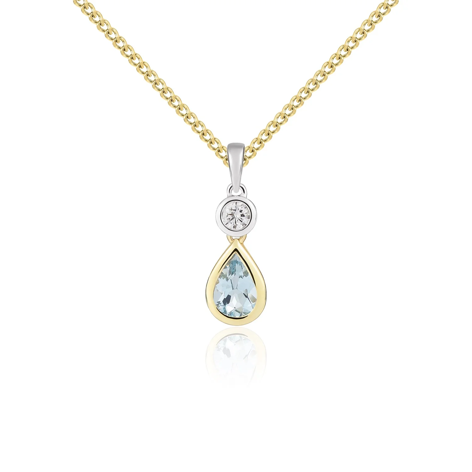 18CT Yellow & White Gold Pear Shaped Aquamarine & Round Diamond Two-Stone Pendant (6x4mm)