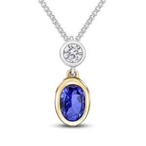 18CT Yellow & White Gold Oval Tanzanite & Round Diamond Two Stone Pendant 6x4mm