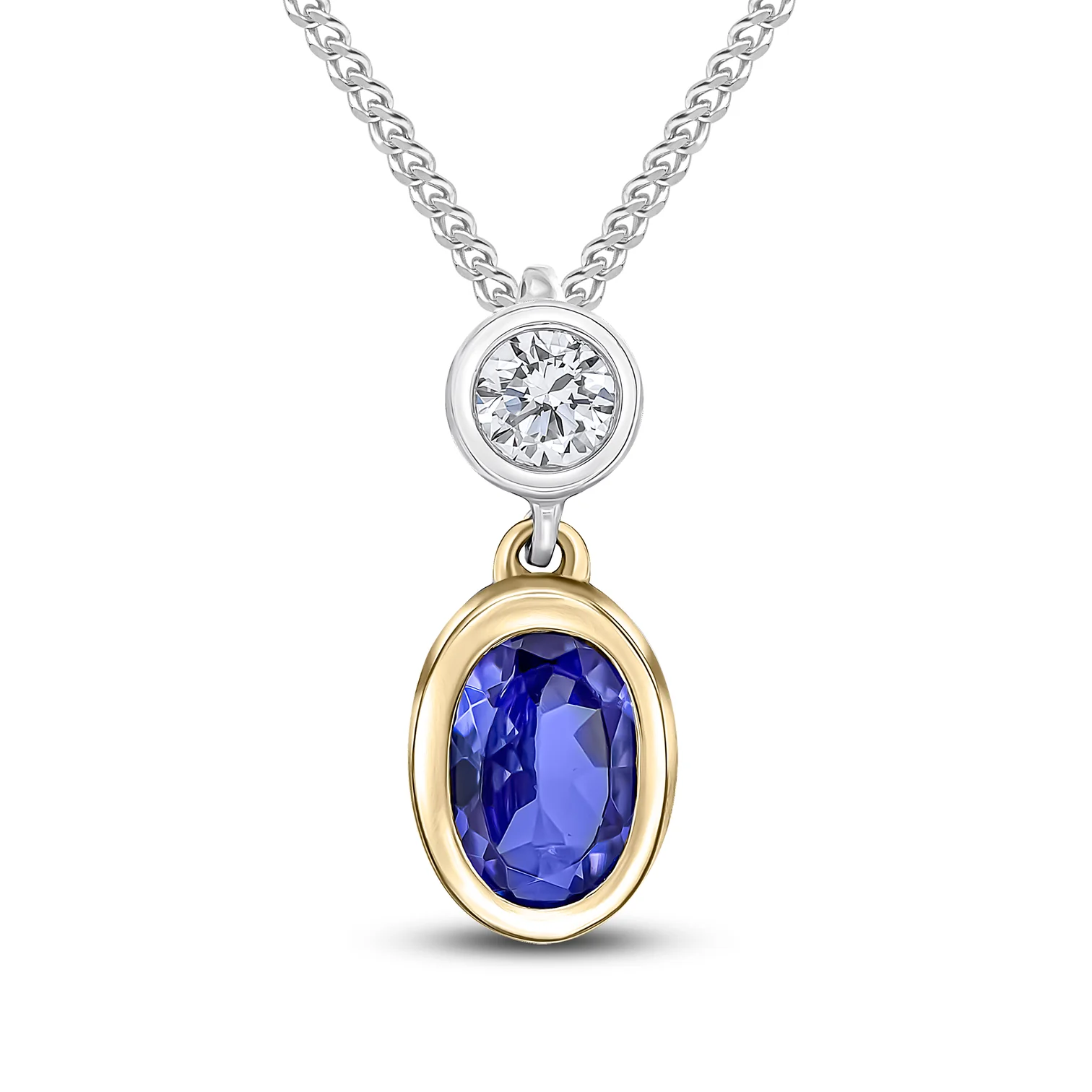 18CT Yellow & White Gold Oval Tanzanite & Round Diamond Two Stone Pendant 6x4mm