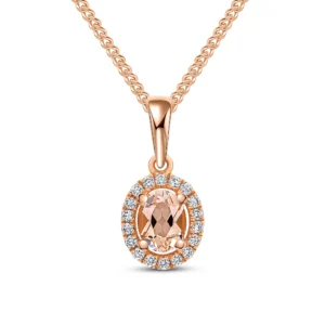18CT Rose Gold Claw Set Oval Morganite & Diamond Cluster Pendant 5x4mm