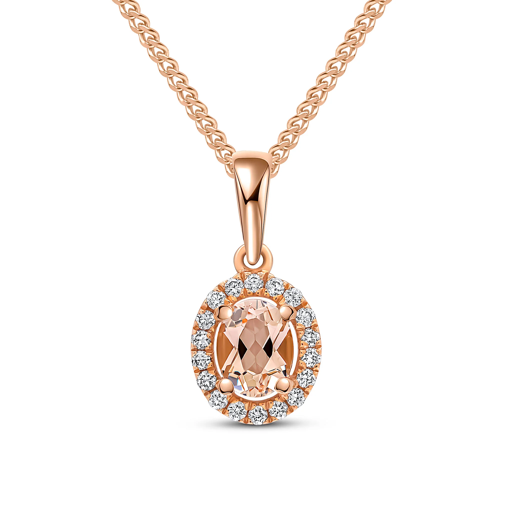 18CT Rose Gold Claw Set Oval Morganite & Diamond Cluster Pendant 5x4mm