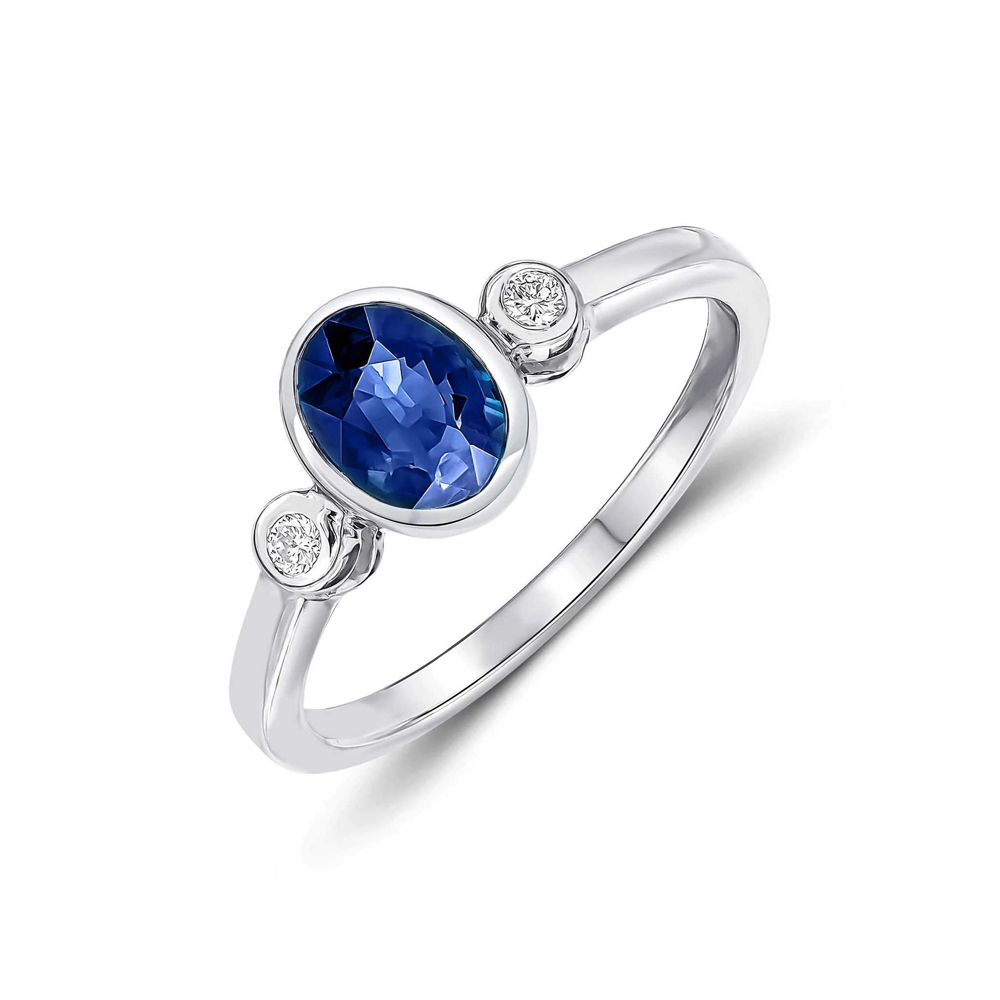 9CT White Gold Oval Sapphire & Diamond Three Stone Ring