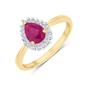 9CT Yellow Gold Pear Shaped Ruby & Diamond Cluster Ring 7x5mm