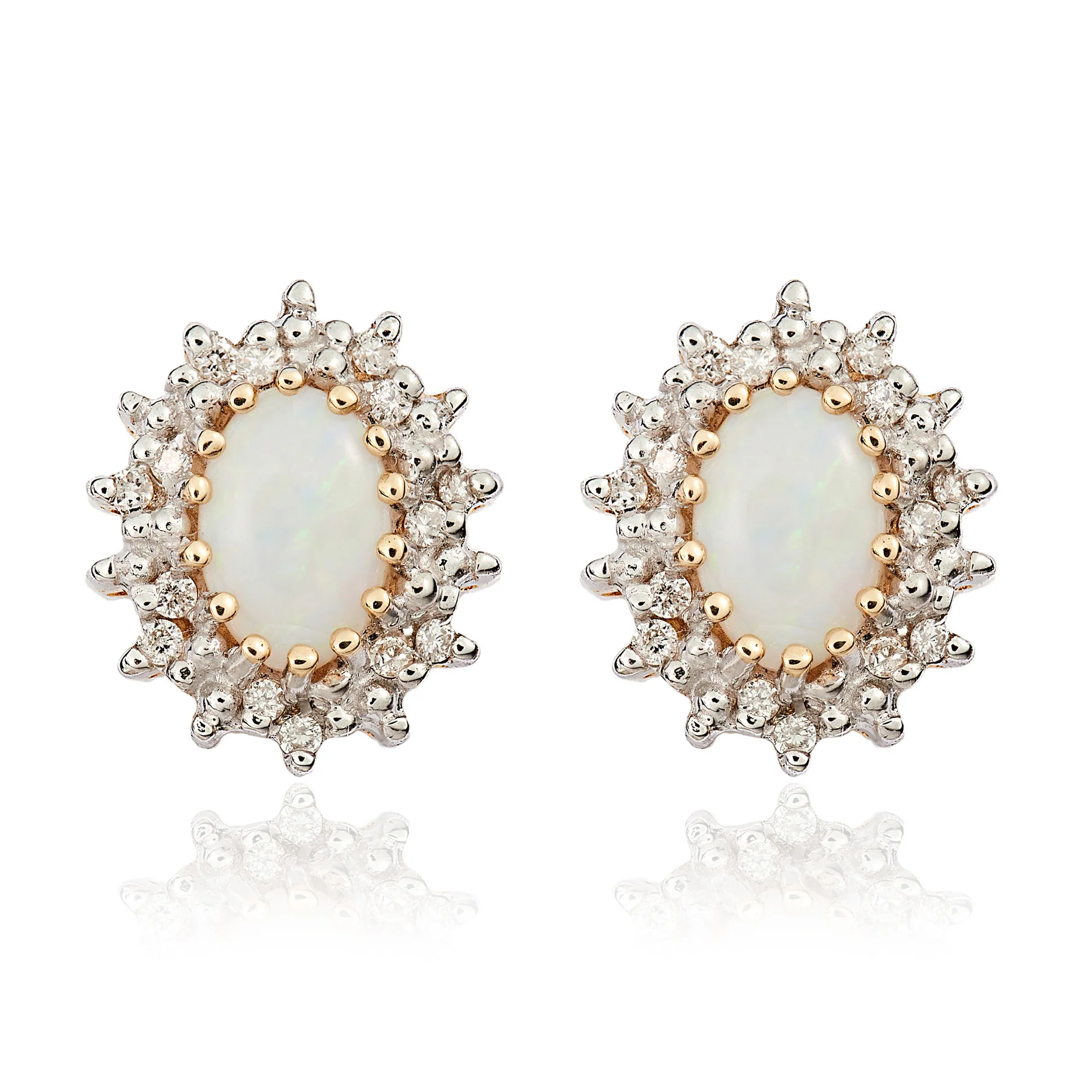 9CT Yellow Gold Oval Opal & Diamond Cluster Earrings 6×4mm - Image 2