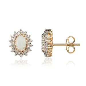 9CT Yellow Gold Oval Opal & Diamond Cluster Earrings 6×4mm
