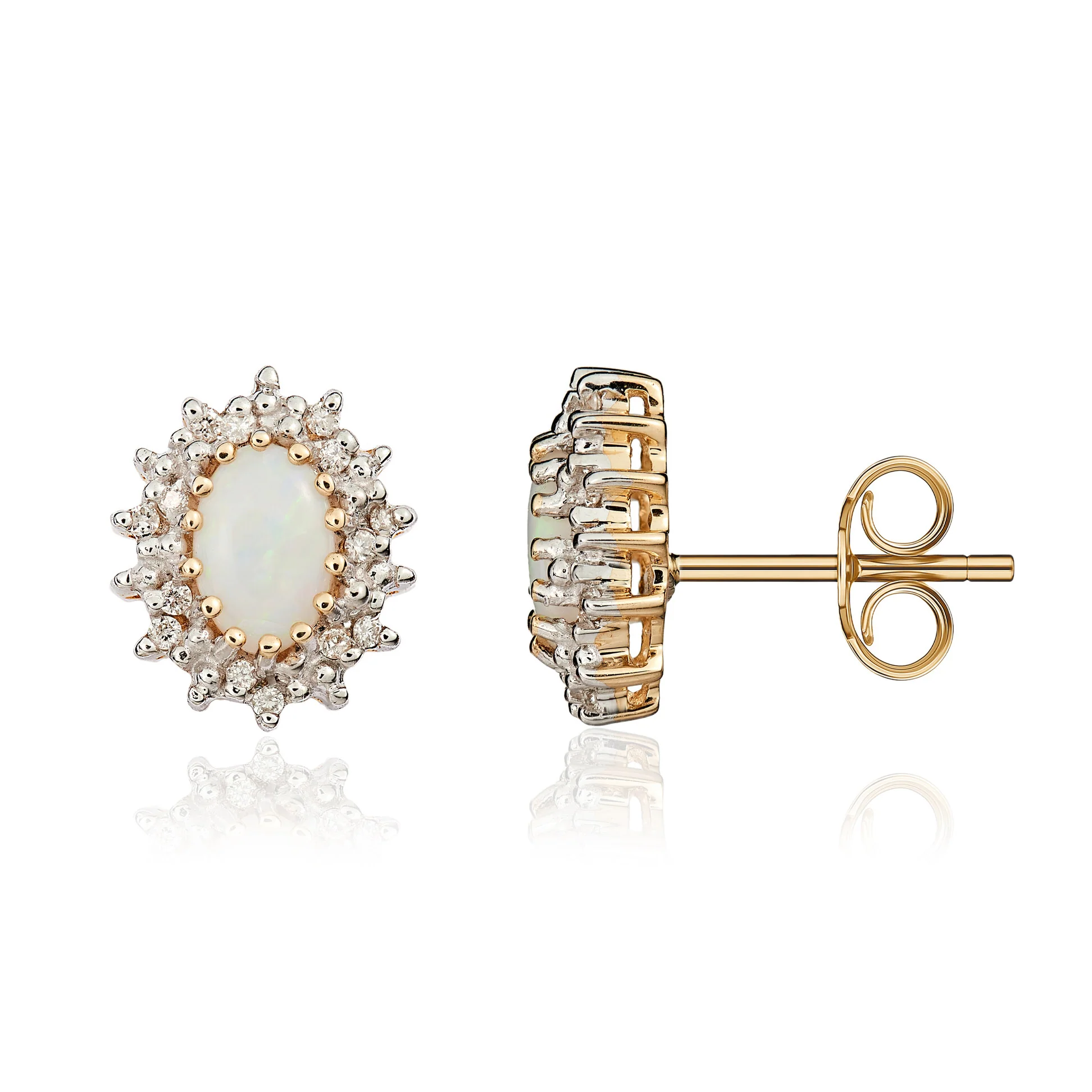 9CT Yellow Gold Oval Opal & Diamond Cluster Earrings 6×4mm