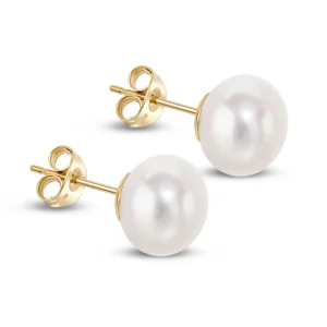 9ct Yellow Gold Freshwater Pearl Button Stud Earrings – 8.5 mm