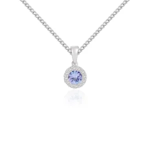 18ct White Gold Round Tanzanite & Diamond Cluster Pendant (4mm)