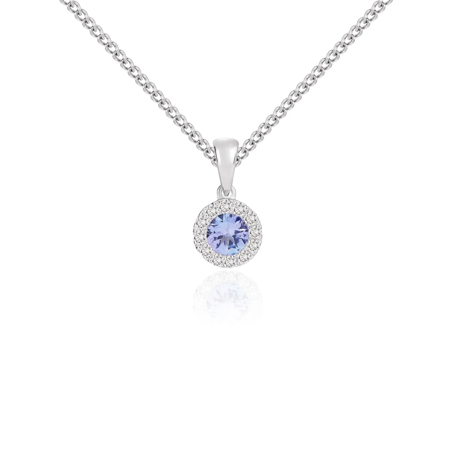 18ct White Gold Round Tanzanite & Diamond Cluster Pendant (4mm)